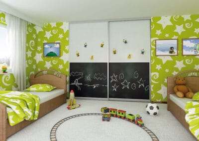 Kids Bedrooms concept with sliding doors. Green room Interior
