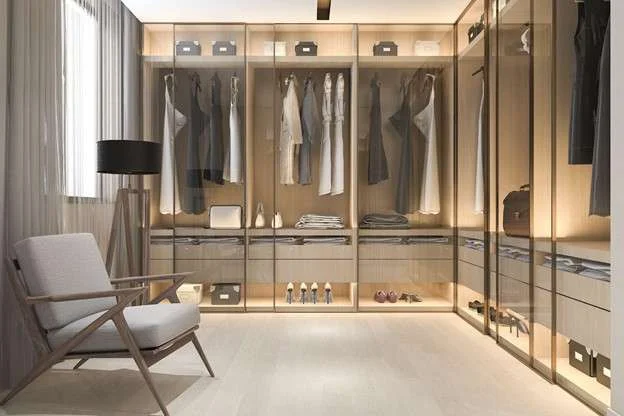 Dressing room interior with wood walk closet and wardrobe